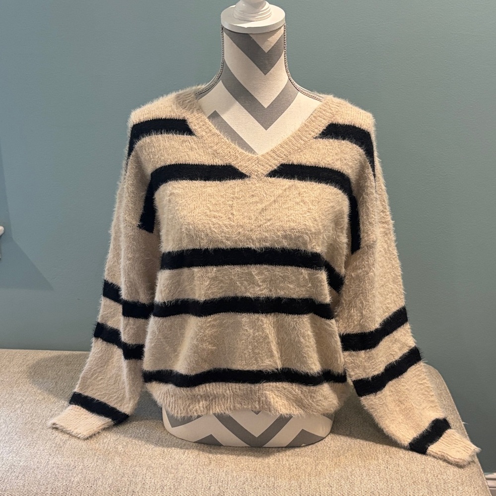 SHEIN Fuzzy Striped V-Neck Sweater - Cream and Black